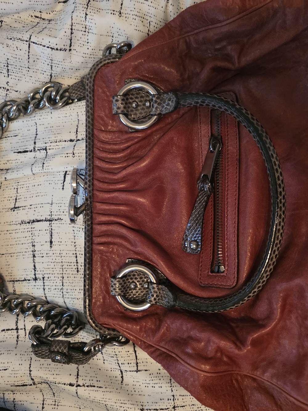 Marc Jacobs Red Leather Shoulder Bag with Chain Strap and Snake-Effect Trim